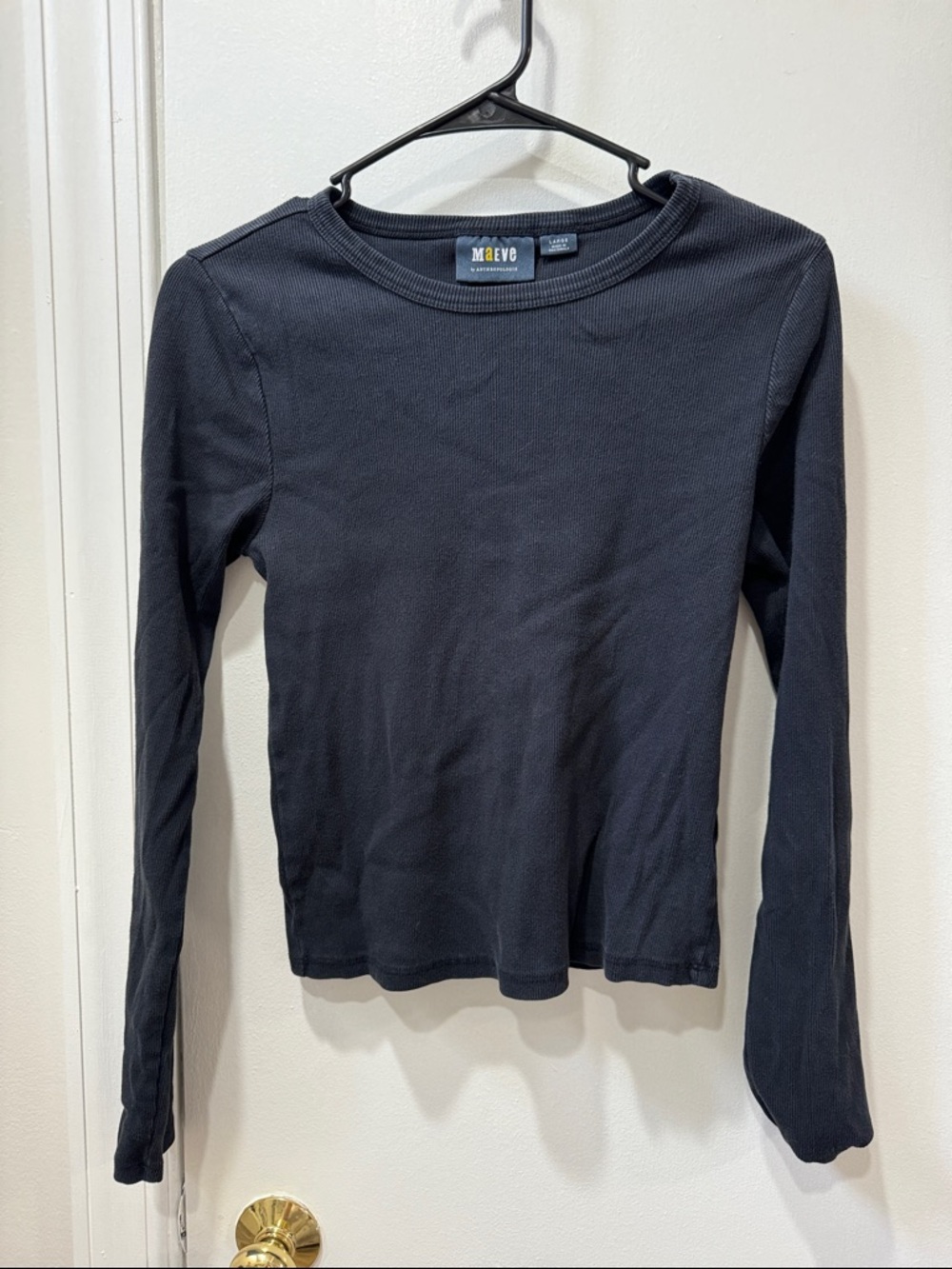 Maeve by Anthropologie Black Ribbed Long-Sleeve Crewneck Semi Cropped Top